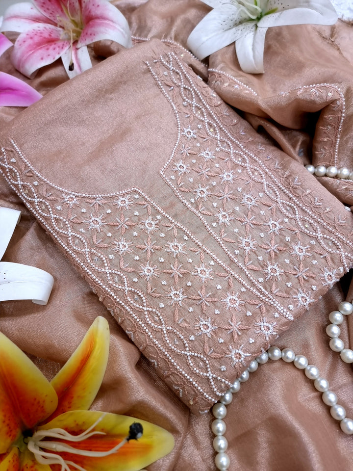 Soft Tissue Chikankari Unstitched Dress Material | 3 Taar Hand Embroidery with Pearl & Cutdana Work + Golden Border Dupatta