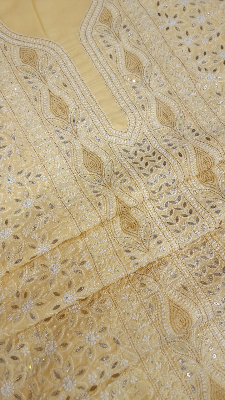Yellow Unstitched Soft Cotton Chikankari Suit Set – Aari, Kasab & Gotta Patti Embellished with Pure Chiffon Dupatta