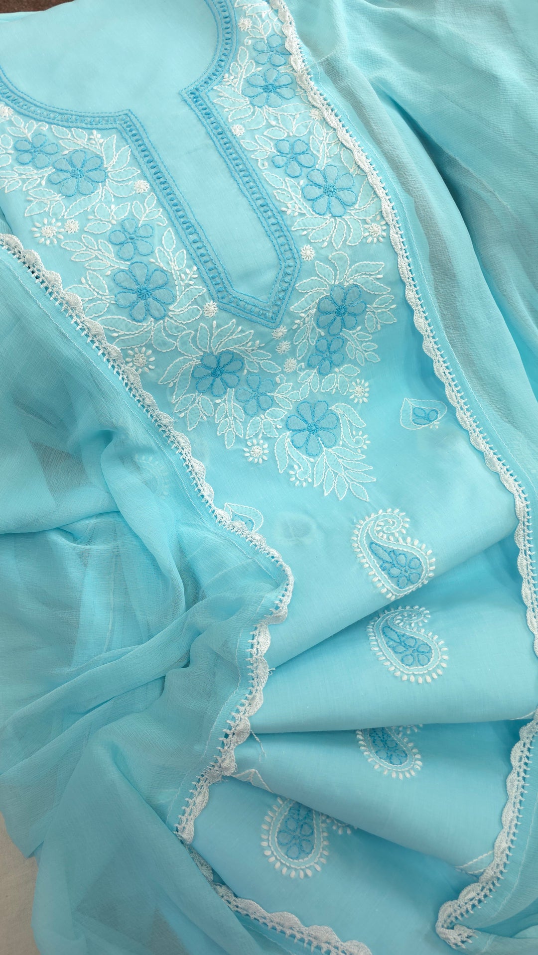 Paridhan Chikan Premium Cool Cotton Chikankari Dress Material Set with Hand Embroidered Kurta, Bottom & Chiffon Dupatta with Handmade Crochet Border