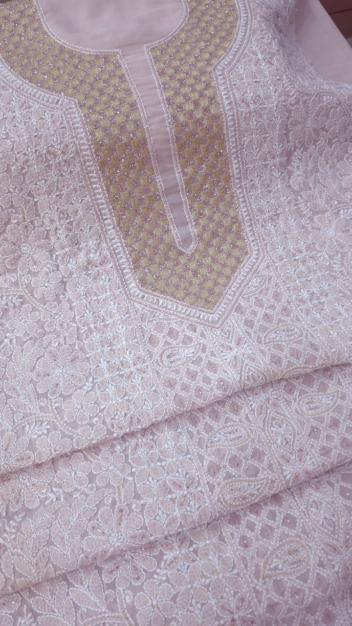Afreen Premium Hand Embroidered Chikankari Cotton Unstitched Dress Material with Pure Chiffon Dupatta