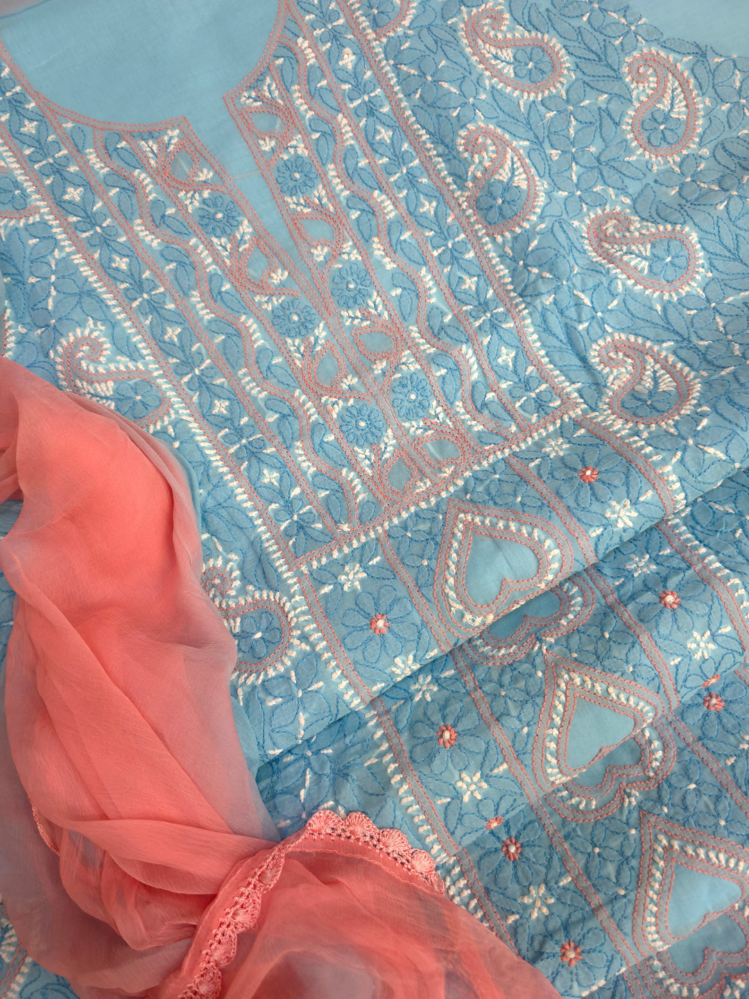 Lucknow Chikankari Hand Embroidered Cotton Dress Material with Tri-Color Motifs & Pure Chiffon Dupatta
