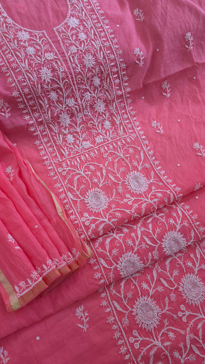 Premium Mul Chanderi Pearl, Cutdana & Kasab Hand Embroidered Unstitched Suit Set