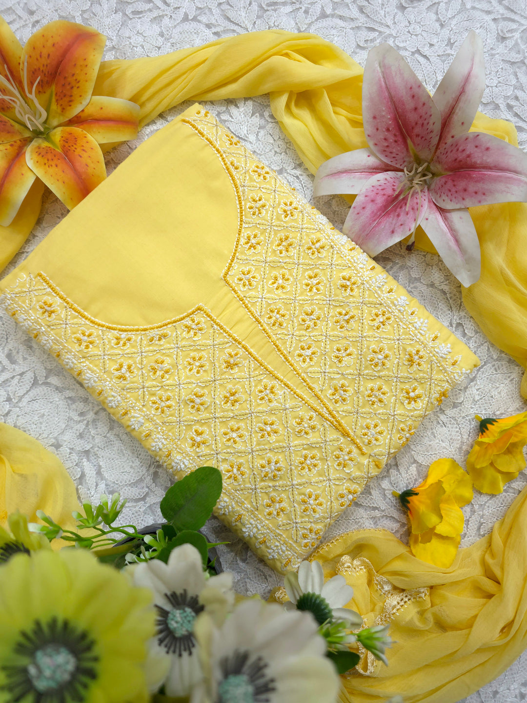 Pearl Chikankari Cotton Dress Material | Paridhan Chikan