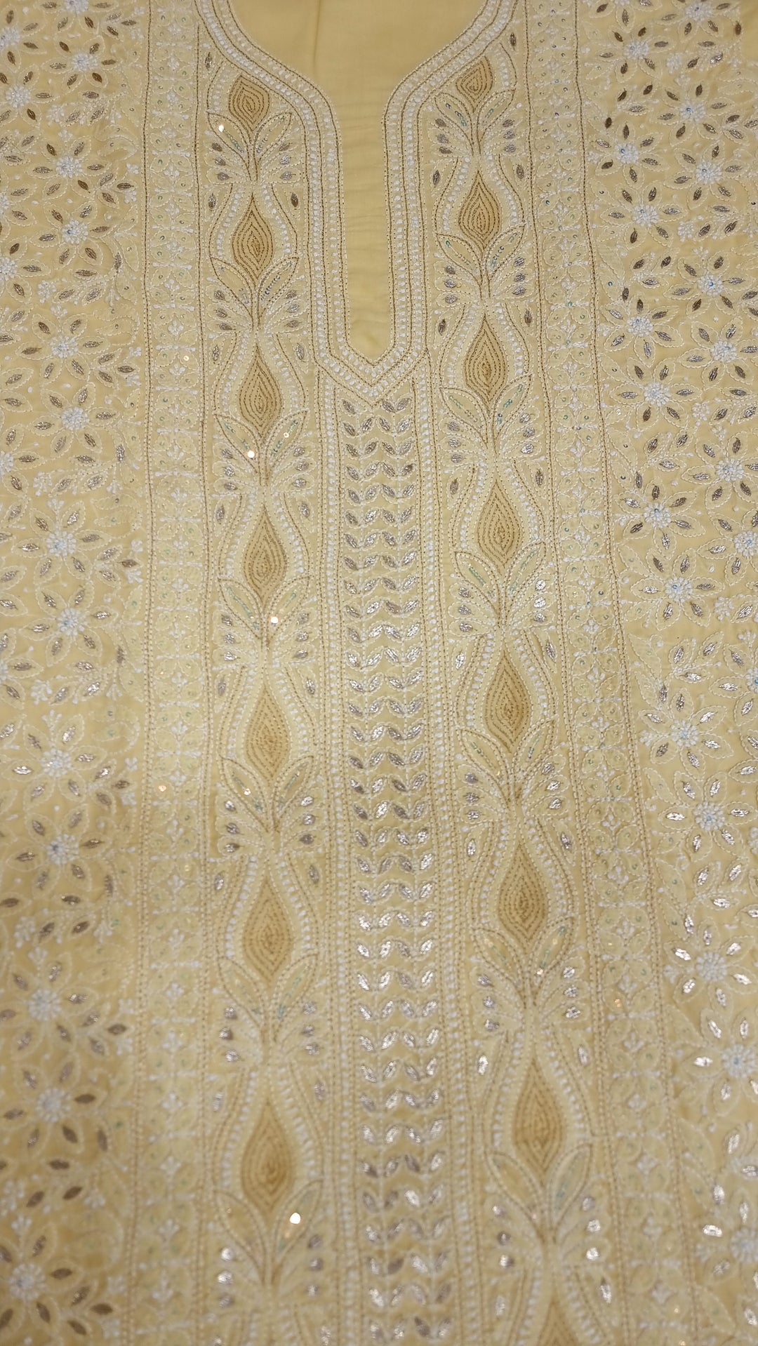 Yellow Unstitched Soft Cotton Chikankari Suit Set – Aari, Kasab & Gotta Patti Embellished with Pure Chiffon Dupatta