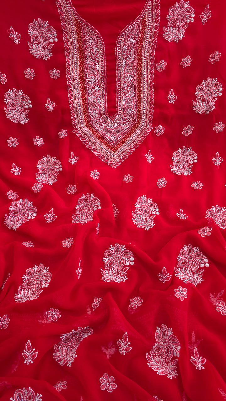 Alina Heavy Embellished Georgette Chikankari Unstitched Dress Material | Cutdana Handwork