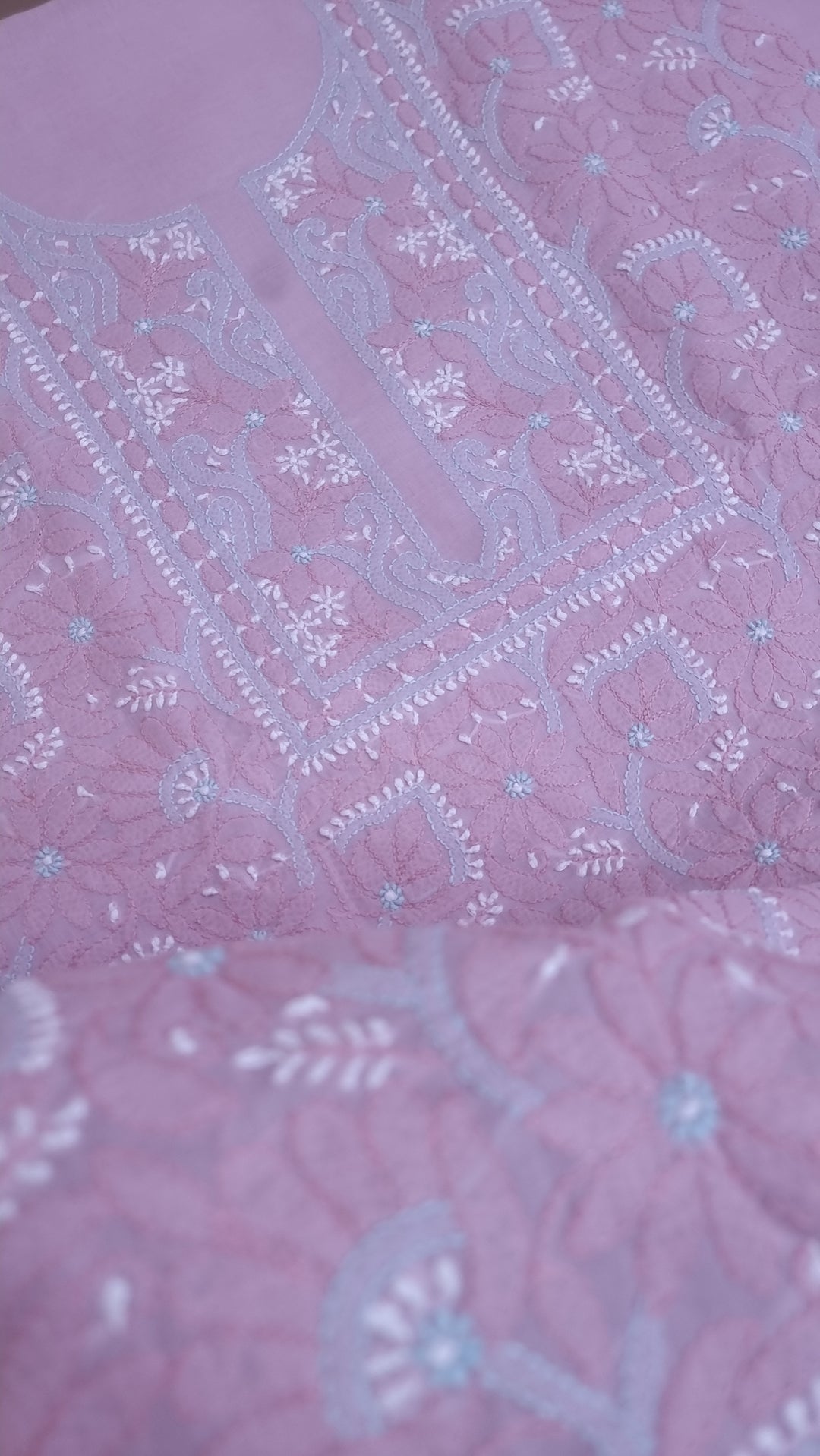 Lucknow Chikankari Hand Embroidered Cotton Dress Material with Tri-Color Motifs & Pure Chiffon Dupatta