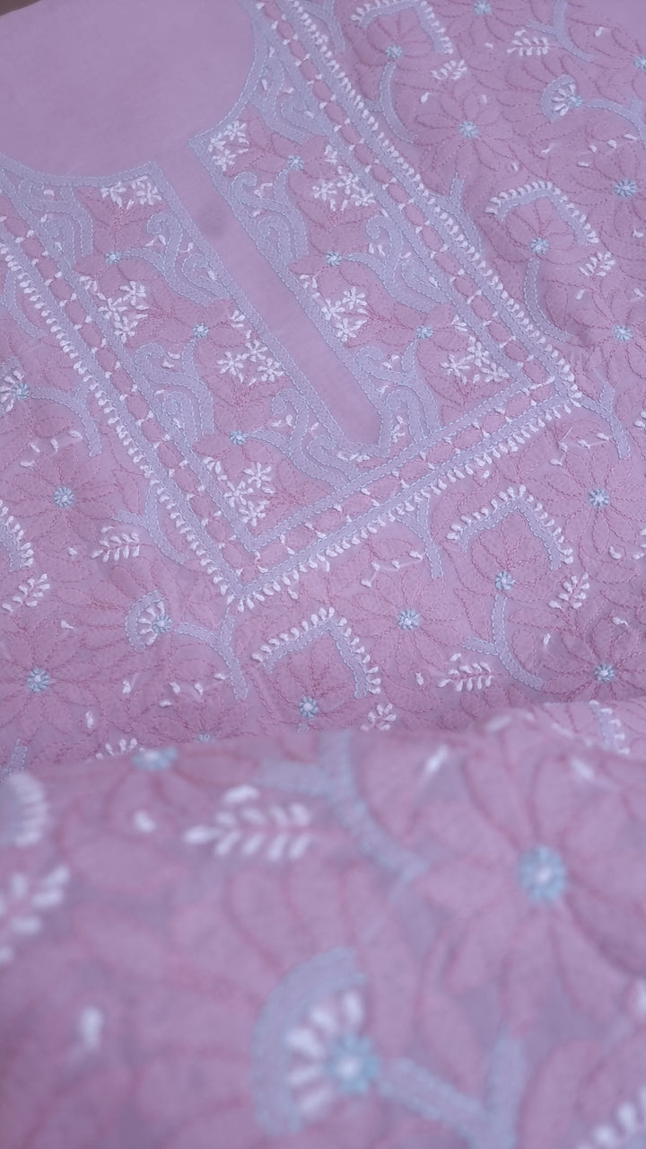Lucknow Chikankari Hand Embroidered Cotton Dress Material with Tri-Color Motifs & Pure Chiffon Dupatta