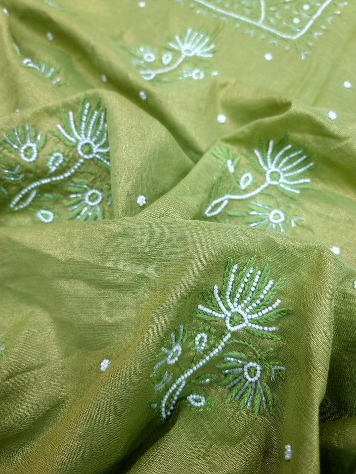 Soft Tissue Chikankari Unstitched Dress Material | 3 Taar Hand Embroidery with Pearl & Cutdana Work + Golden Border Dupatta