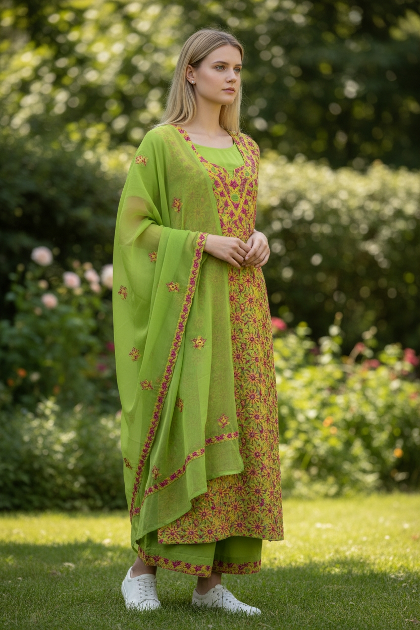 Unstitched Georgette Chikankari Dress Material | Hand Embroidered Kurta, Bottom & Dupatta