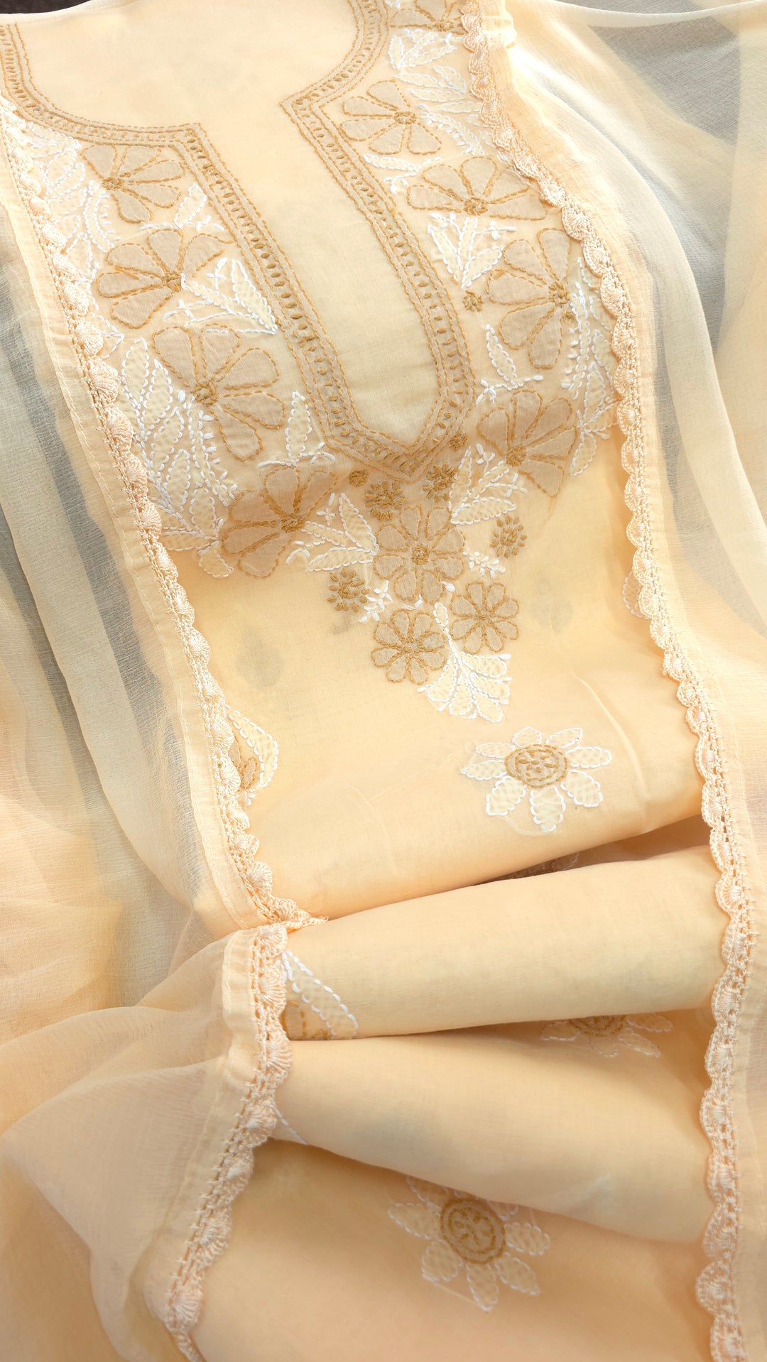 Paridhan Chikan Premium Cool Cotton Chikankari Dress Material Set with Hand Embroidered Kurta, Bottom & Chiffon Dupatta with Handmade Crochet Border