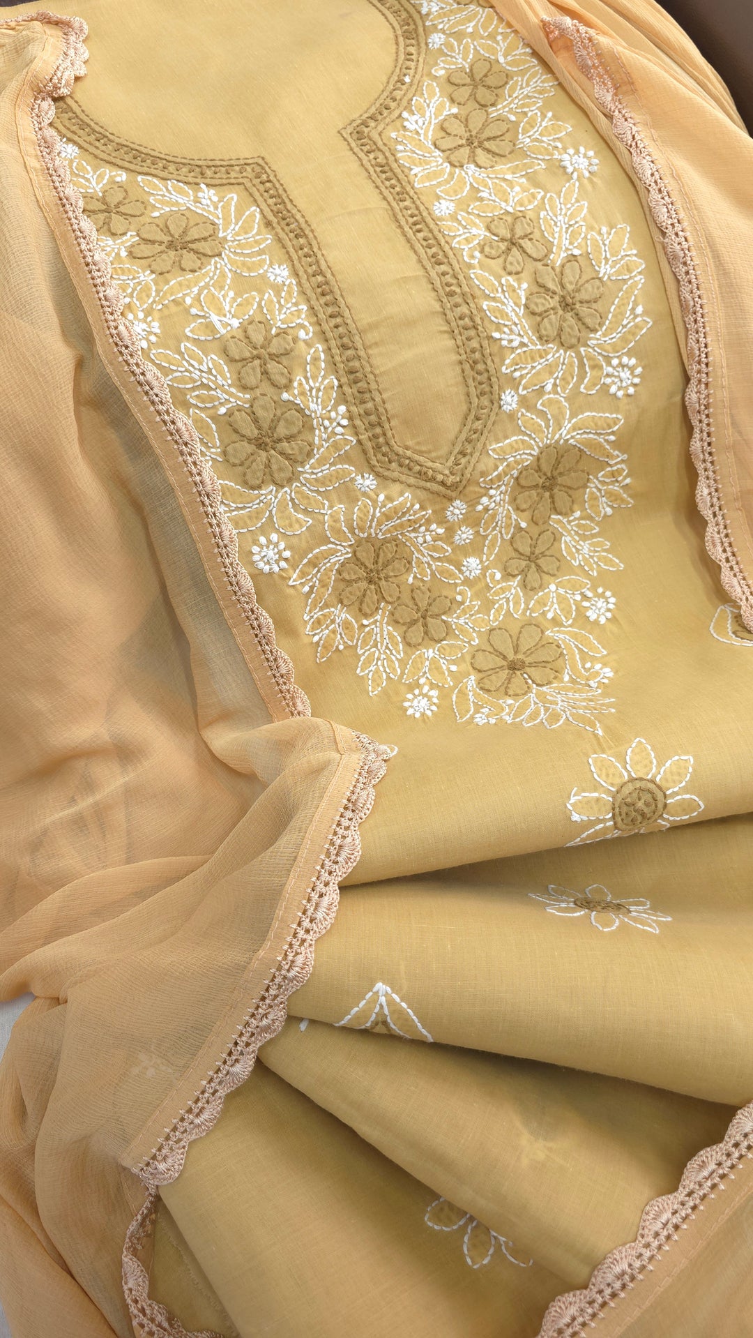 Paridhan Chikan Premium Cool Cotton Chikankari Dress Material Set with Hand Embroidered Kurta, Bottom & Chiffon Dupatta with Handmade Crochet Border