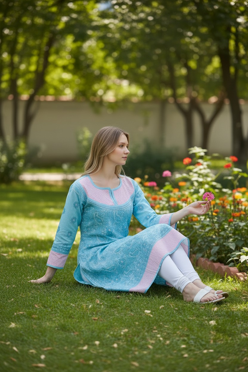 Cotton Chikankari Hand Embroidered Kurti for Women | Premium  | 48 Inch approx Length | Lucknowi Chikan Kurta