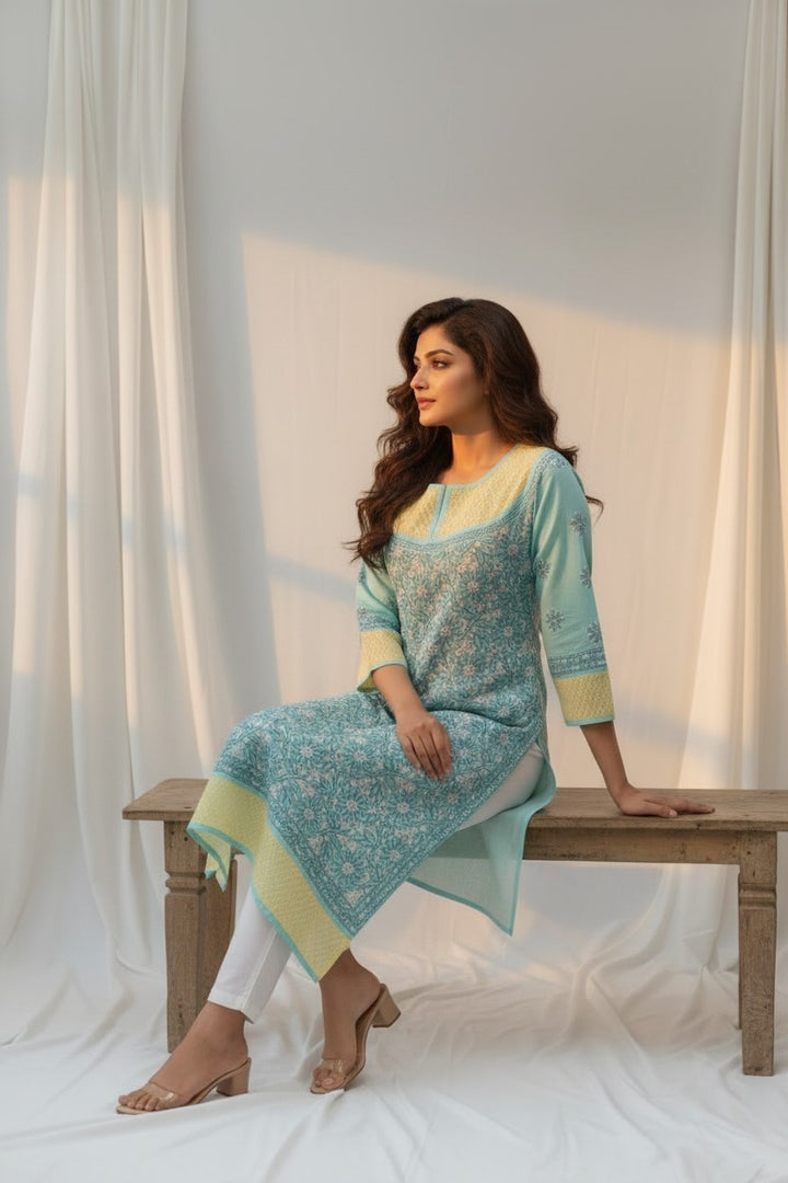 Asma Cotton Chikankari Hand Embroidered Kurti for Women | Premium  | 48 Inch approx Length | Lucknowi Chikan Kurta