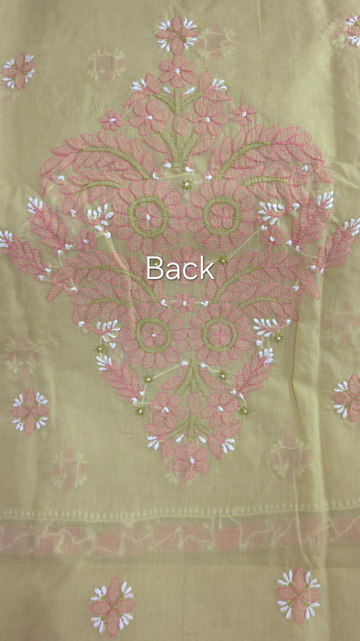 Lucknow Chikankari Hand Embroidered Cotton Dress Material with Tri-Color Motifs & Pure Chiffon Dupatta