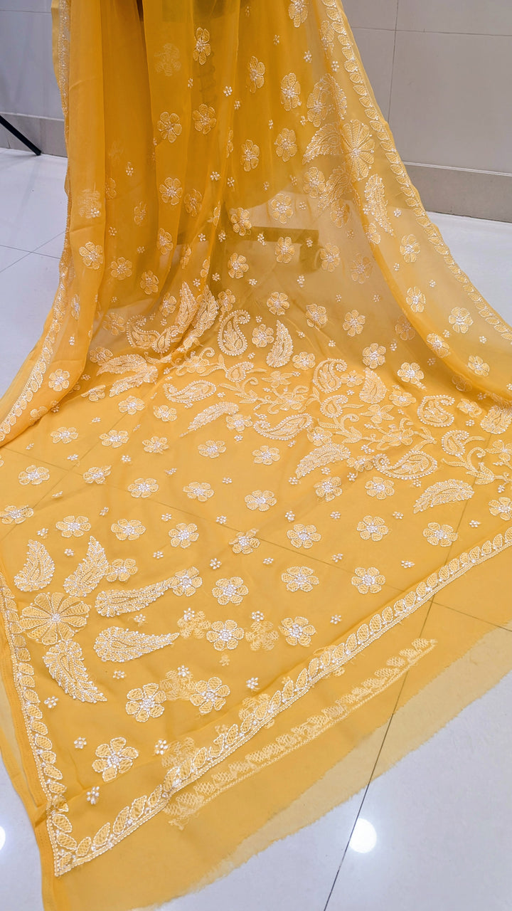 Faux Georgette Hand Chikankari Saree with Exclusive Border & Palla Design | Embroidered Blouse Included | Authentic Lucknow Handicraft by Paridhan Chikan