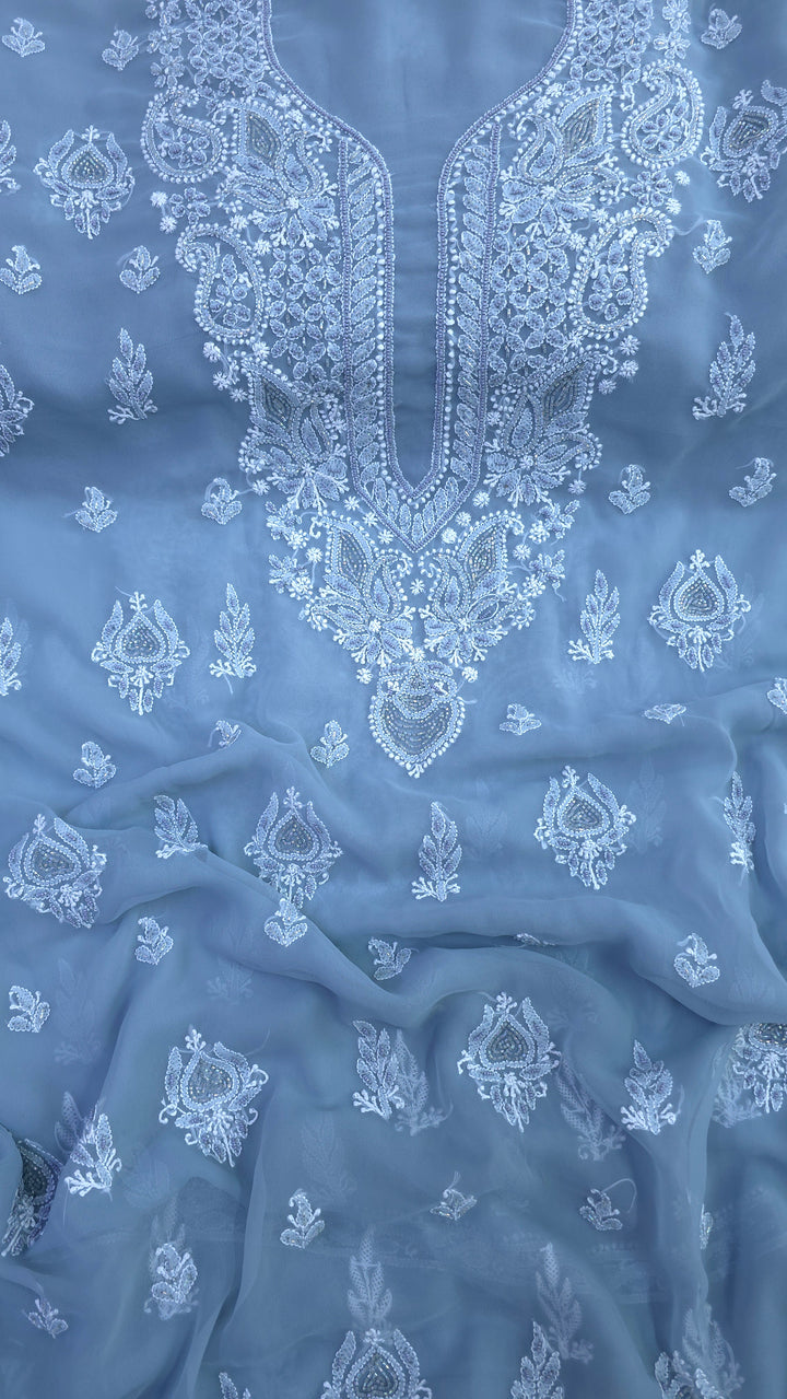 Alina Heavy Embellished Georgette Chikankari Unstitched Dress Material | Cutdana Handwork