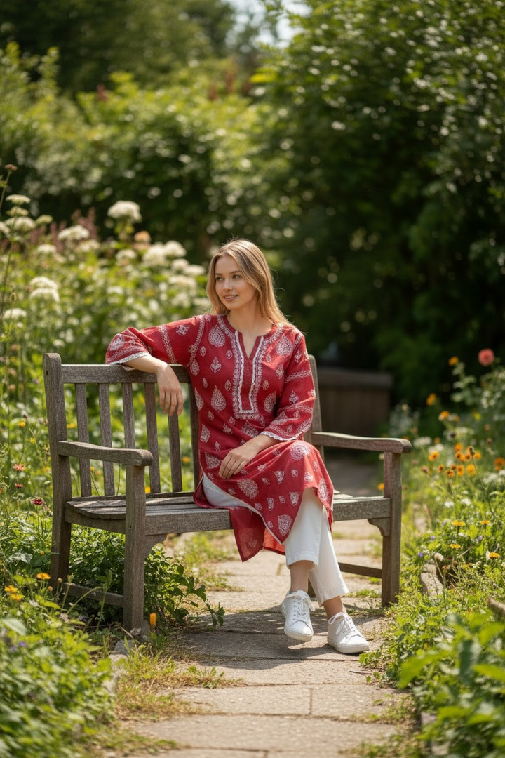 Cotton Chikankari Hand Embroidered Kurti for Women | Premium Soft  | 44 Inch Length | Lucknowi Chikan Kurta