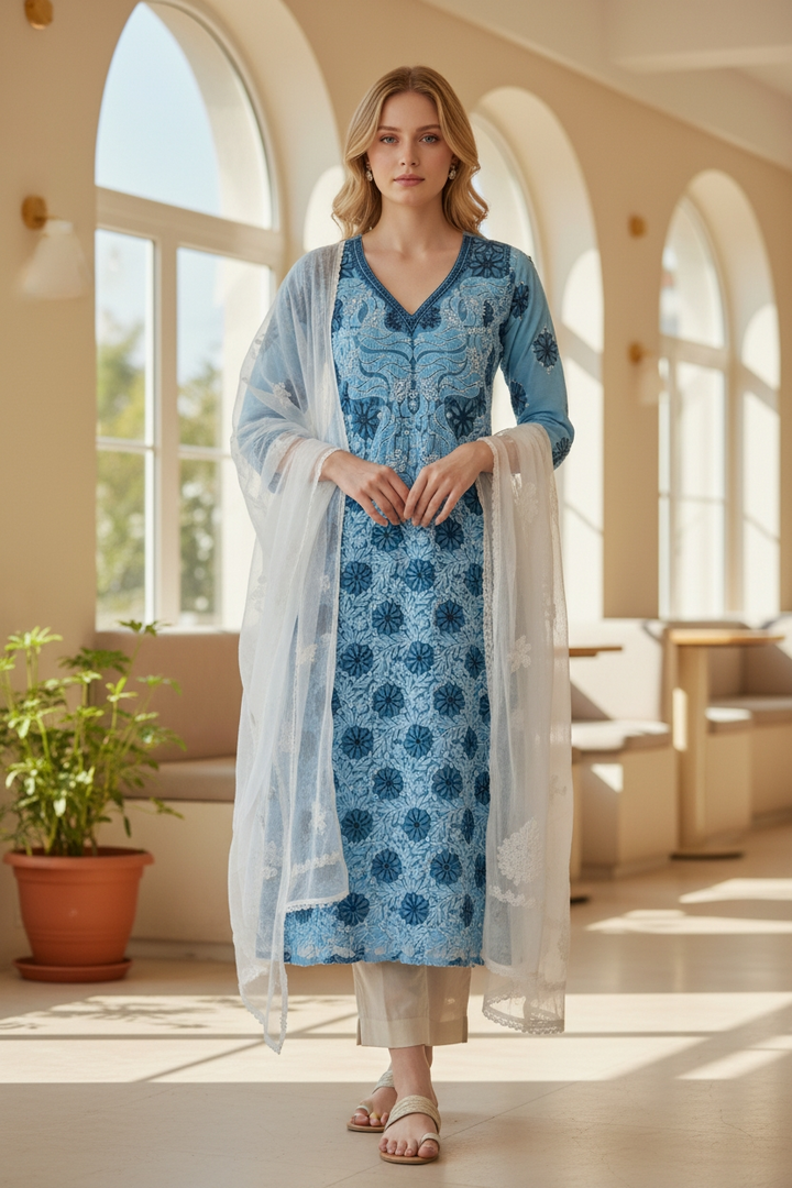 Faux Georgette Chikankari Hand Embroidered Unstitched Kurta Fabric – 3 Meter