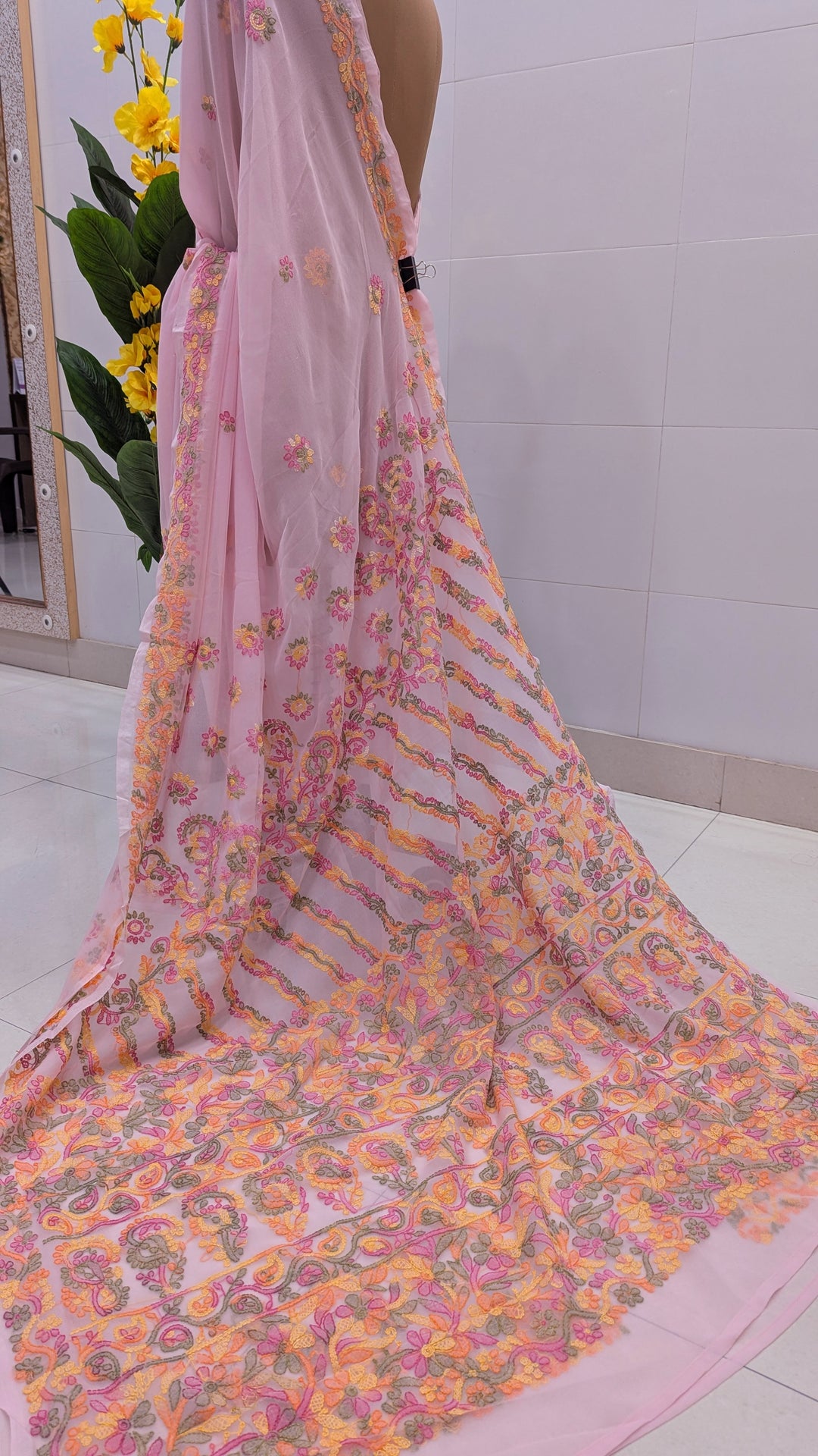 Faux Georgette Hand Chikankari Saree with Exclusive Border & designer Palla Design | Embroidered Blouse Included | Authentic Lucknow Handicraft by Paridhan Chikan