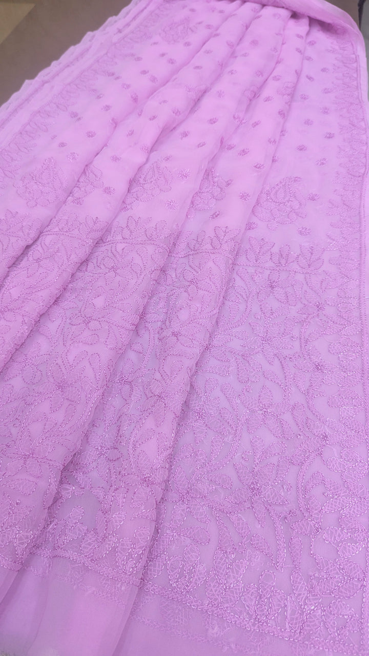 Faux Georgette Hand Chikankari Saree with Exclusive all over  Design | Embroidered Blouse Included | Authentic Lucknow Handicraft by Paridhan Chikan