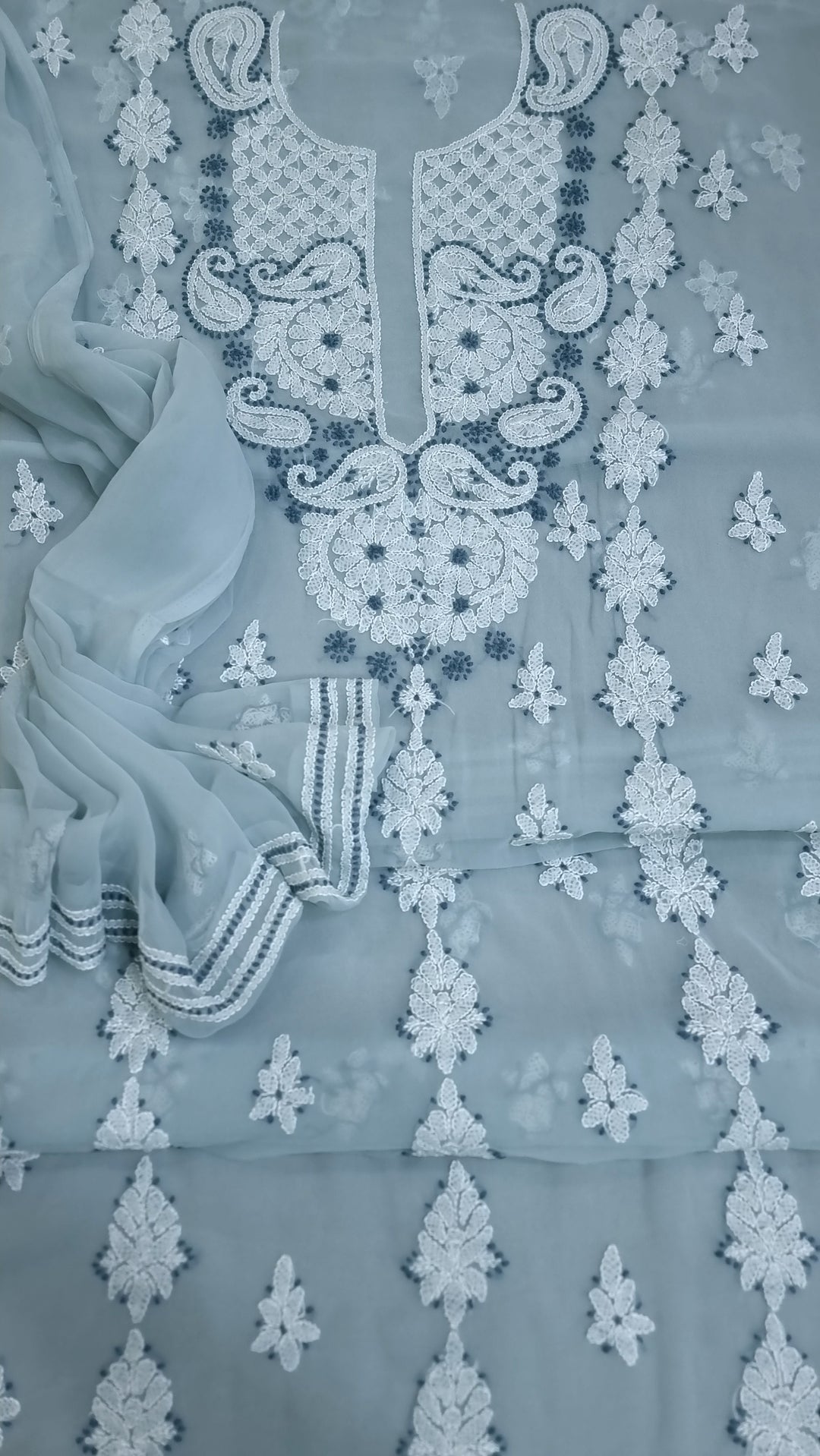 Chikankari Lucknowi Georgette Dress Material – Kurta 3m, Bottom 2.5m & Dupatta 2.5m | Panel Design