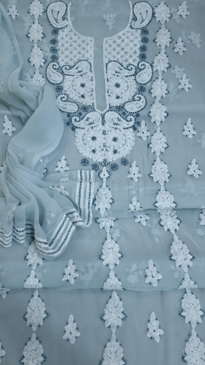 Chikankari Lucknowi Georgette Dress Material – Kurta 3m, Bottom 2.5m & Dupatta 2.5m | Panel Design