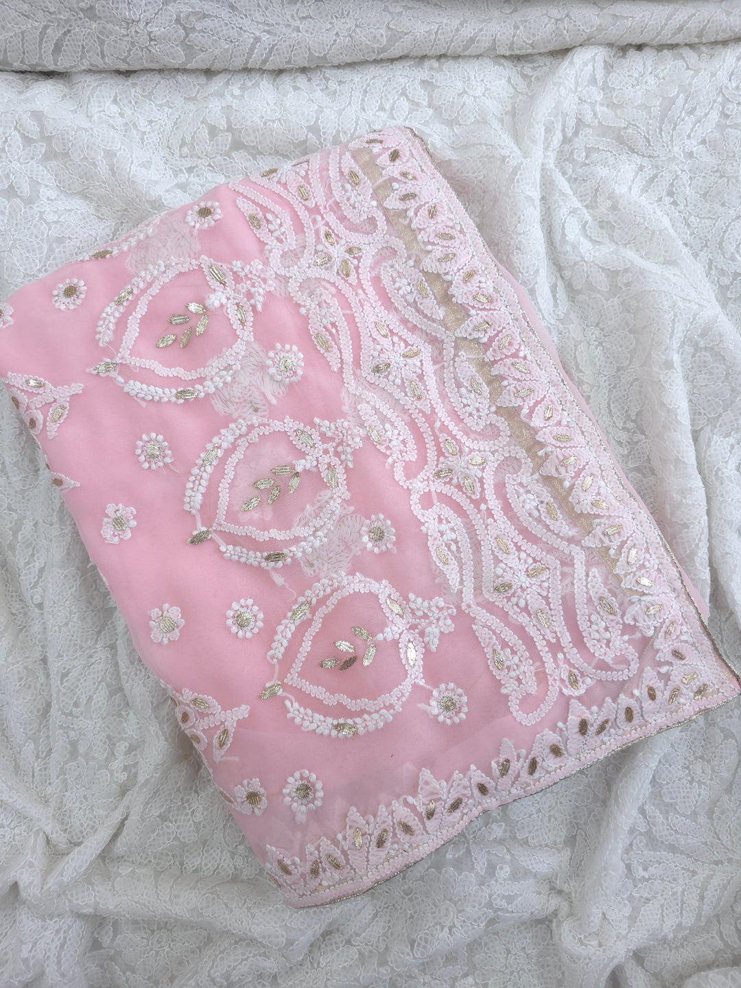 Embellished with Gota Patti | Hand Chikankari Faux Georgette Saree | Lucknowi Embroidery | Designer Festive Wear by Paridhan Chikan