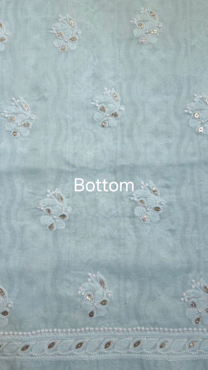 Sea Green Unstitched Soft Cotton Chikankari Suit Set – Aari, Kasab & Patti Embellished Gotta with Pure Chiffon Dupatta