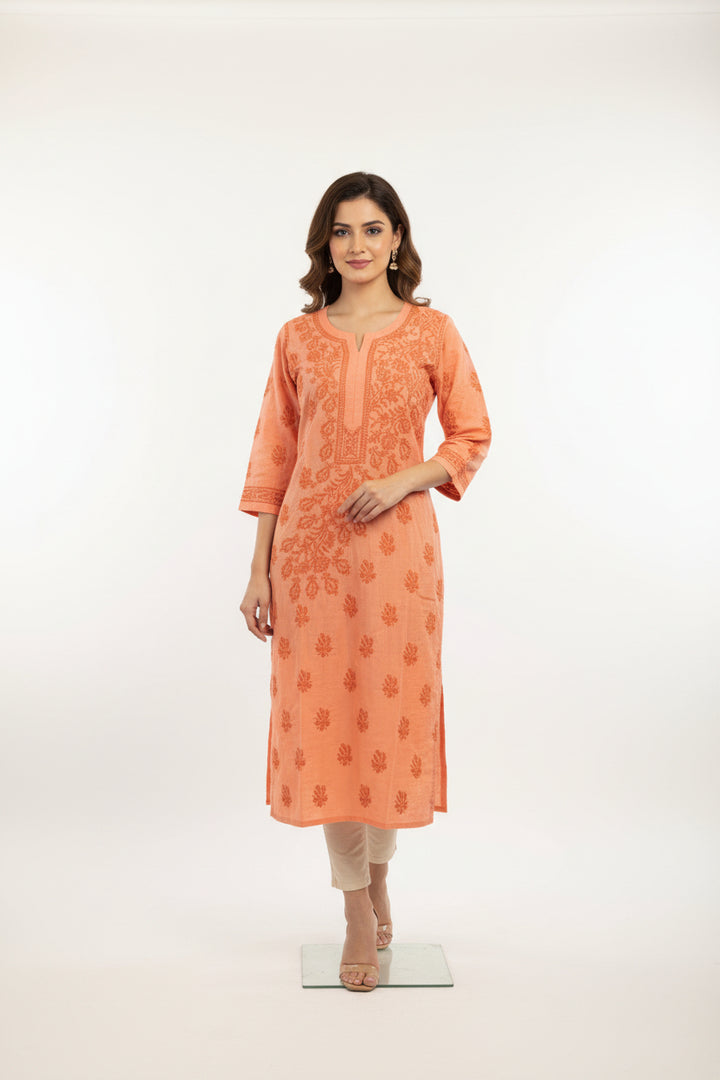 Pure Cotton Linen Lucknowi Chikankari Long Kurti | 100% Hand Embroidered | Non-Transparent | No Shrinkage