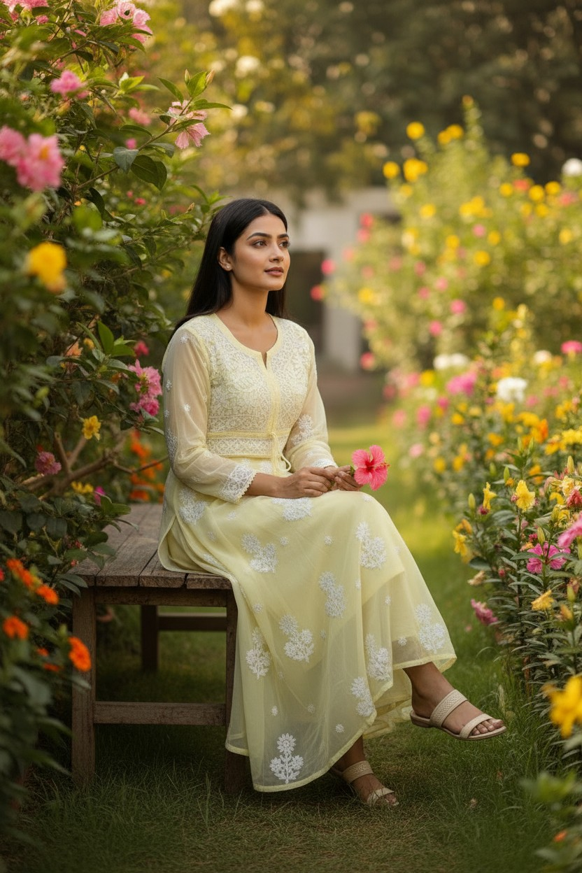 Georgette Lucknowi Chikankari 50" Long gown style Kurti | 100% Hand Embroidered| No Shrinkage