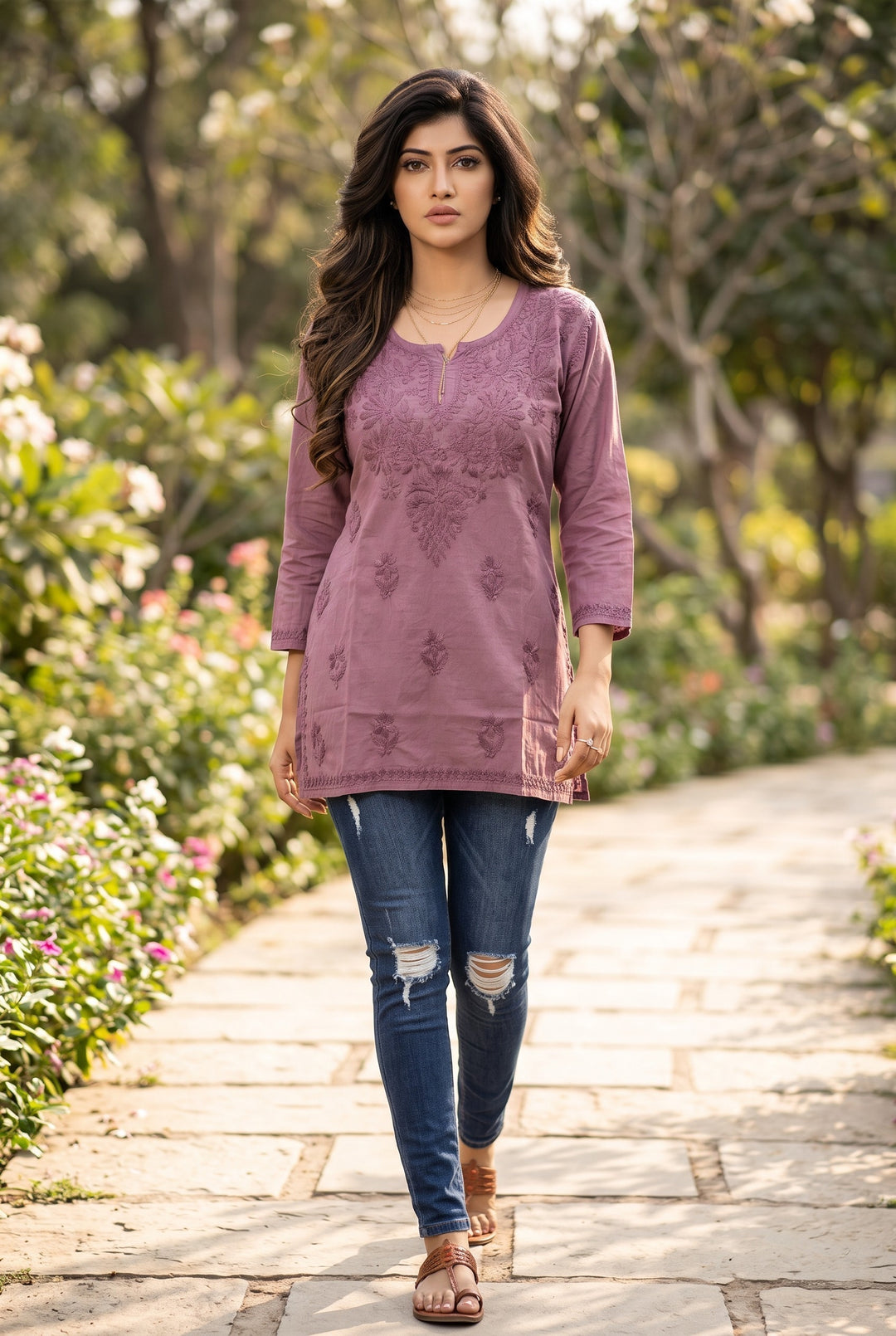 Saanvi Pure Cotton Buti Colored Thread Chikankari Top | Lucknow Hand Embroidery | Soft Cotton Women's Top | Paridhan Chikan