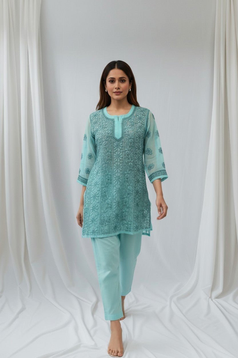 Siya Premium Faux Georgette Chikankari short  Top |28" approx long/Lucknow Hand Embroidery  | Paridhan Chikan