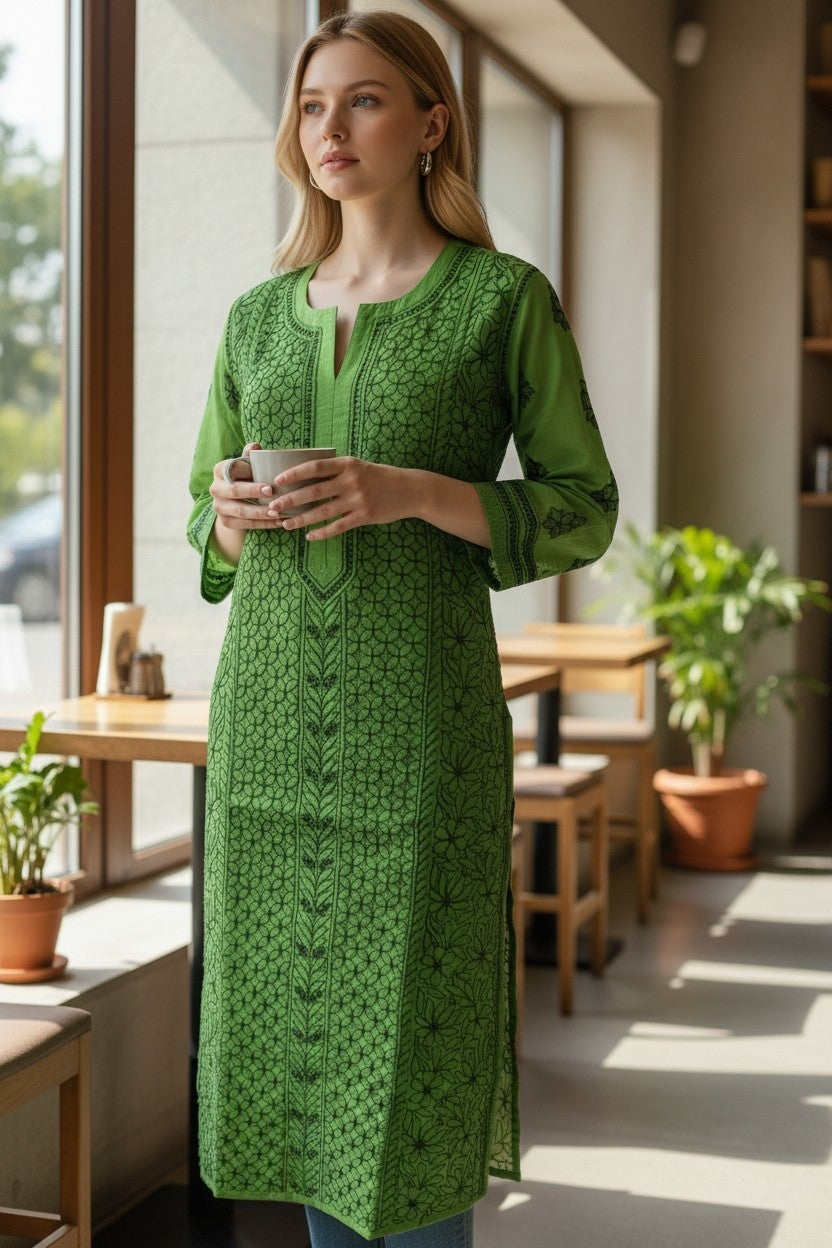 Cotton Chanderi chikankari long kurti
