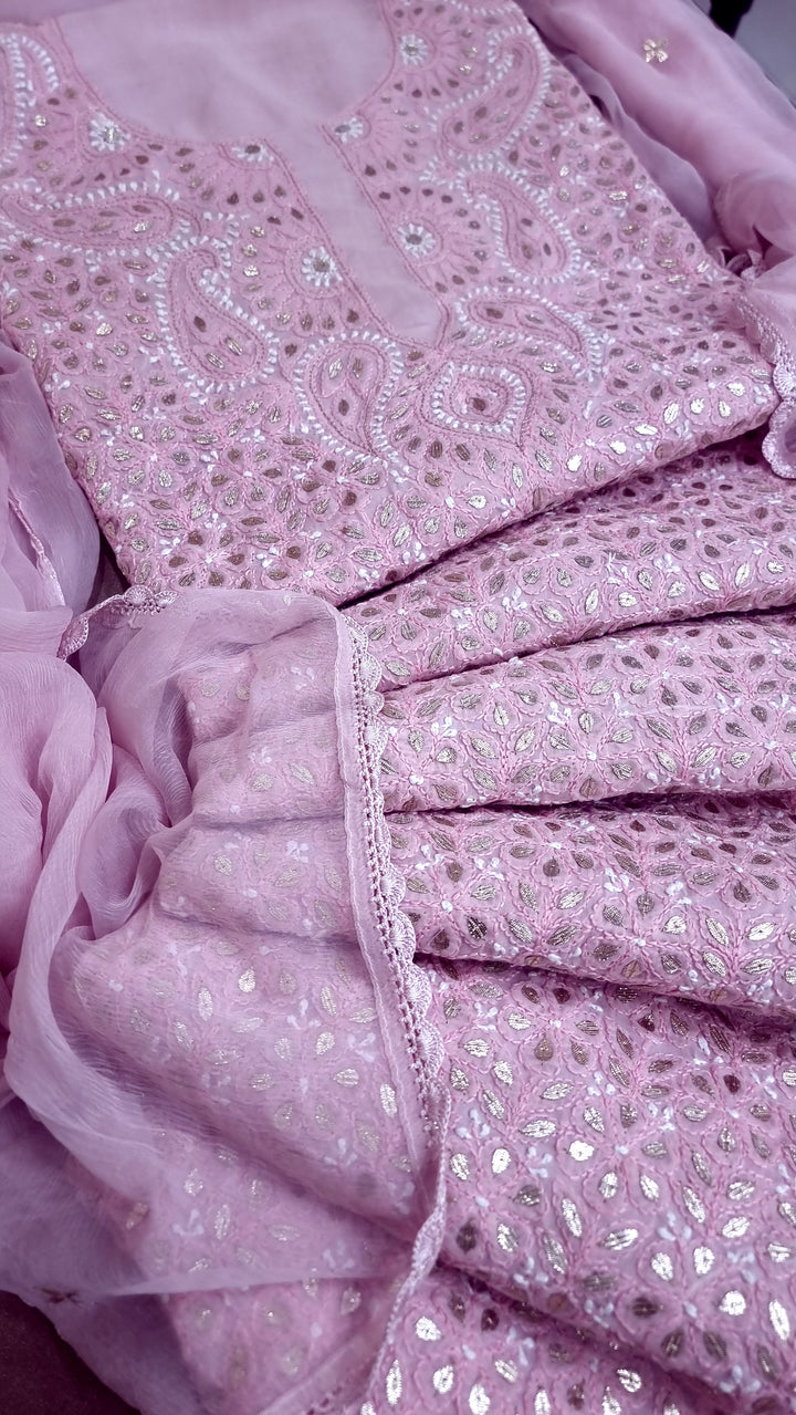 Pink Unstitched Soft Cotton Chikankari Suit Set – Aari, Kasab & Gotta Patti Embellished with Pure Chiffon Dupatta (Copy)
