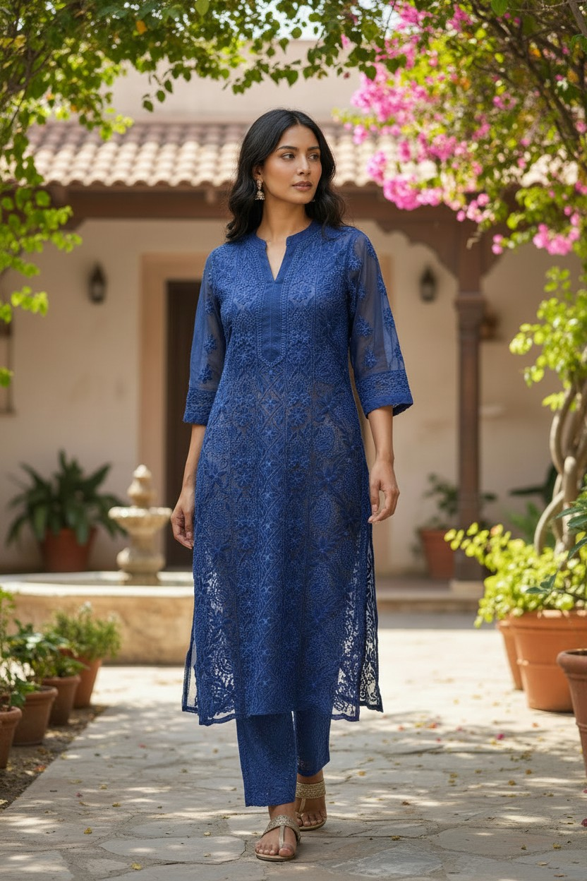 Georgette chikankari long kurti