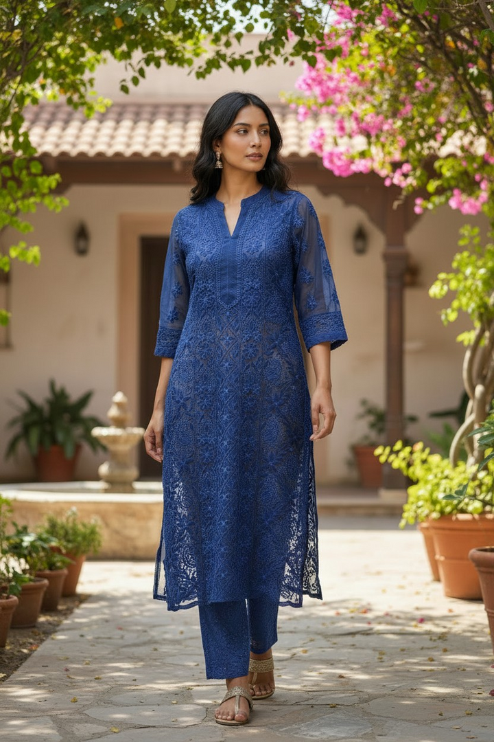 Georgette chikankari long kurti