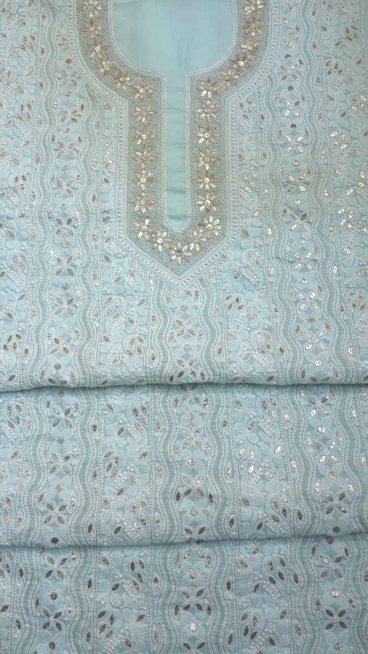 Sea Green Unstitched Soft Cotton Chikankari Suit Set – Aari, Kasab & Patti Embellished Gotta with Pure Chiffon Dupatta