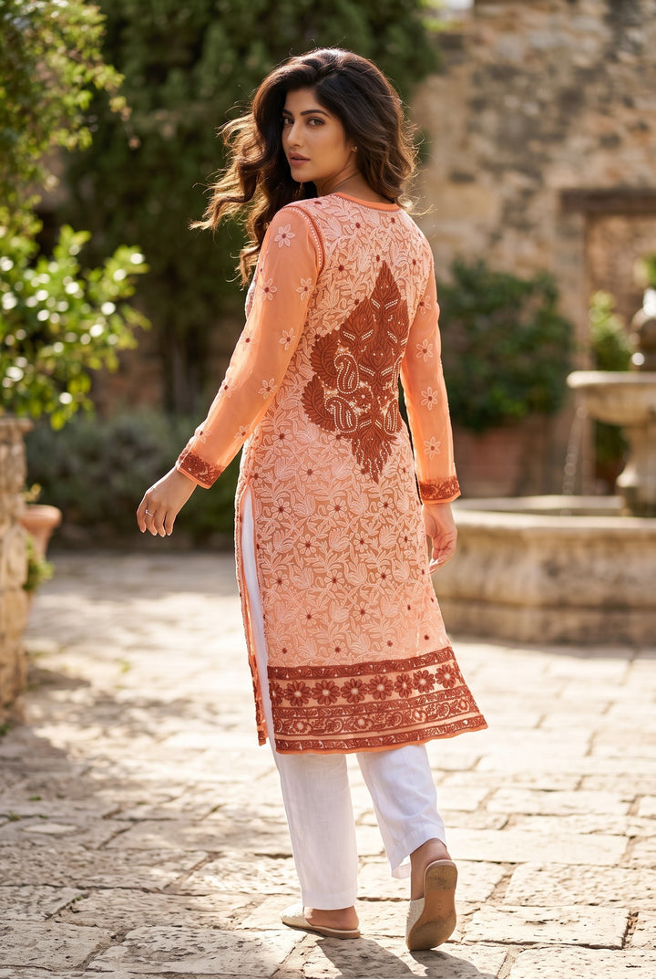 Georgette Lucknowi Chikankari 46" Long- front n back full embroidered Kurti | 100% Hand Embroidered| No Shrinkage