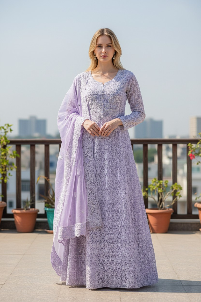 Unstitched Georgette Chikankari Dress Material | Hand Embroidered Kurta, Bottom & Dupatta