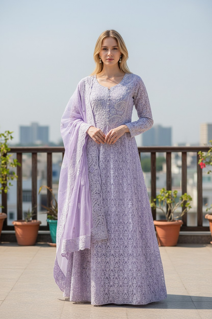 Unstitched Georgette Chikankari Dress Material | Hand Embroidered Kurta, Bottom & Dupatta