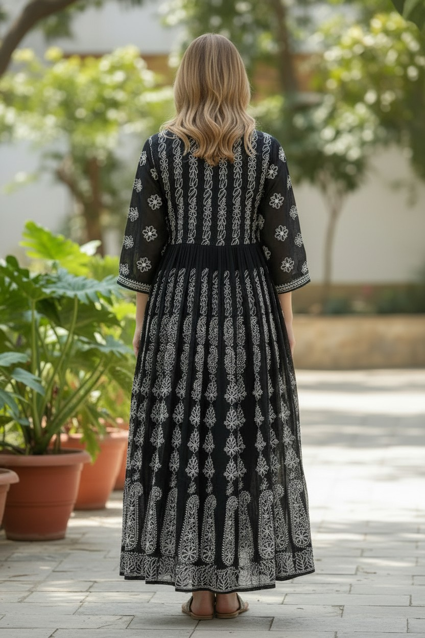 Georgette Lucknowi Chikankari Long Anarkali Kurti | 100% Hand Embroidered| No Shrinkage