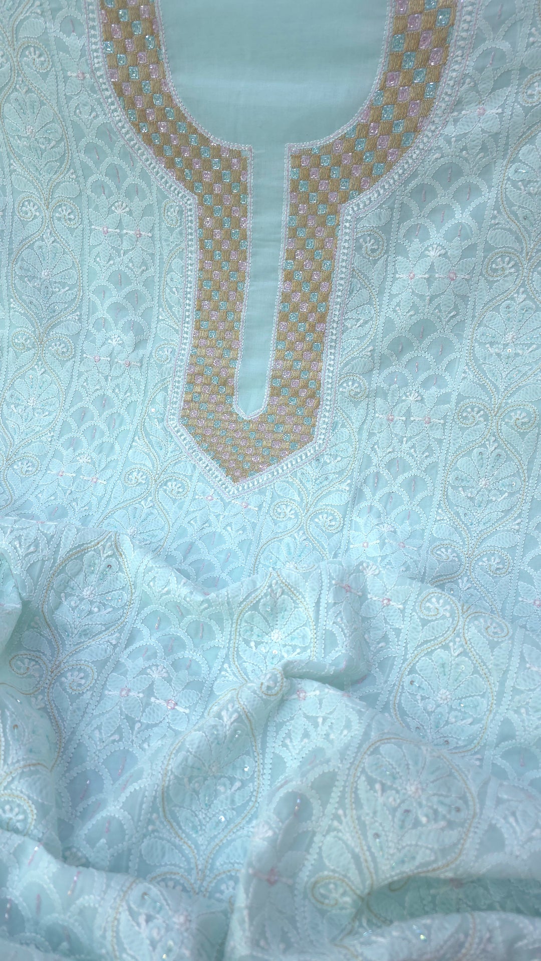Afreen Premium Hand Embroidered Chikankari Cotton Unstitched Dress Material with Pure Chiffon Dupatta