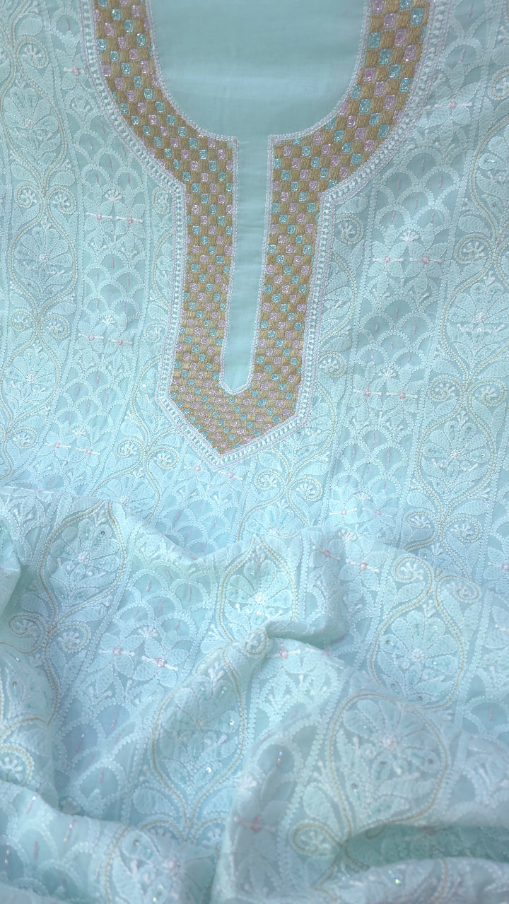 Afreen Premium Hand Embroidered Chikankari Cotton Unstitched Dress Material with Pure Chiffon Dupatta