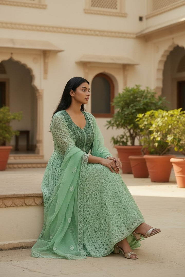 Unstitched Georgette Chikankari Dress Material | Hand Embroidered Kurta, Bottom & Dupatta