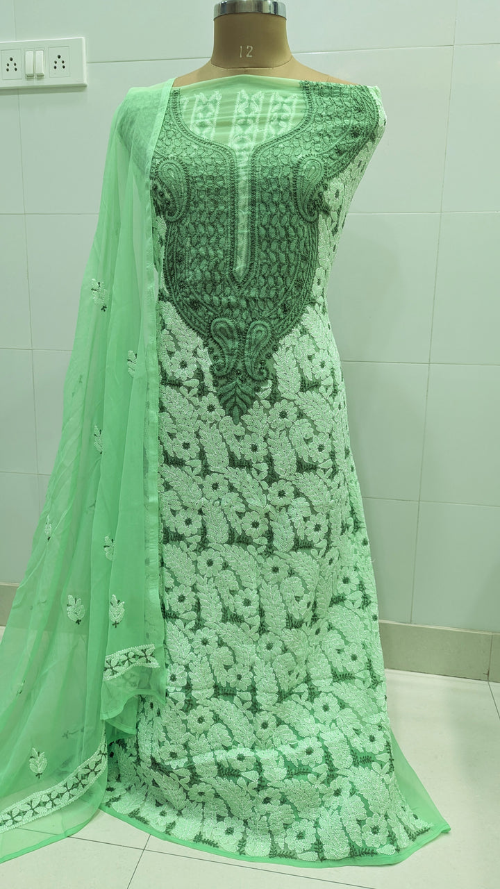 Unstitched Georgette Chikankari Dress Material | Hand Embroidered Kurta, Bottom & Dupatta