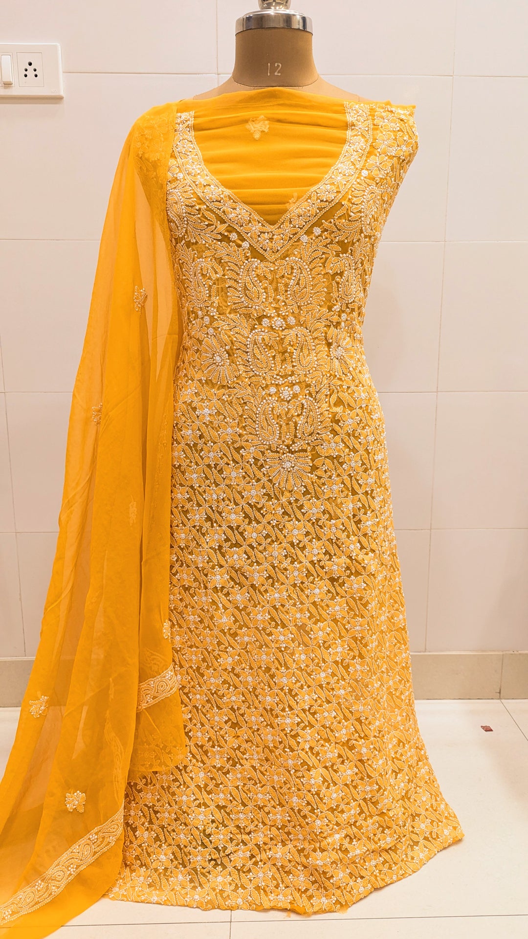 Unstitched Georgette Chikankari Dress Material | Hand Embroidered Kurta, Bottom & Dupatta