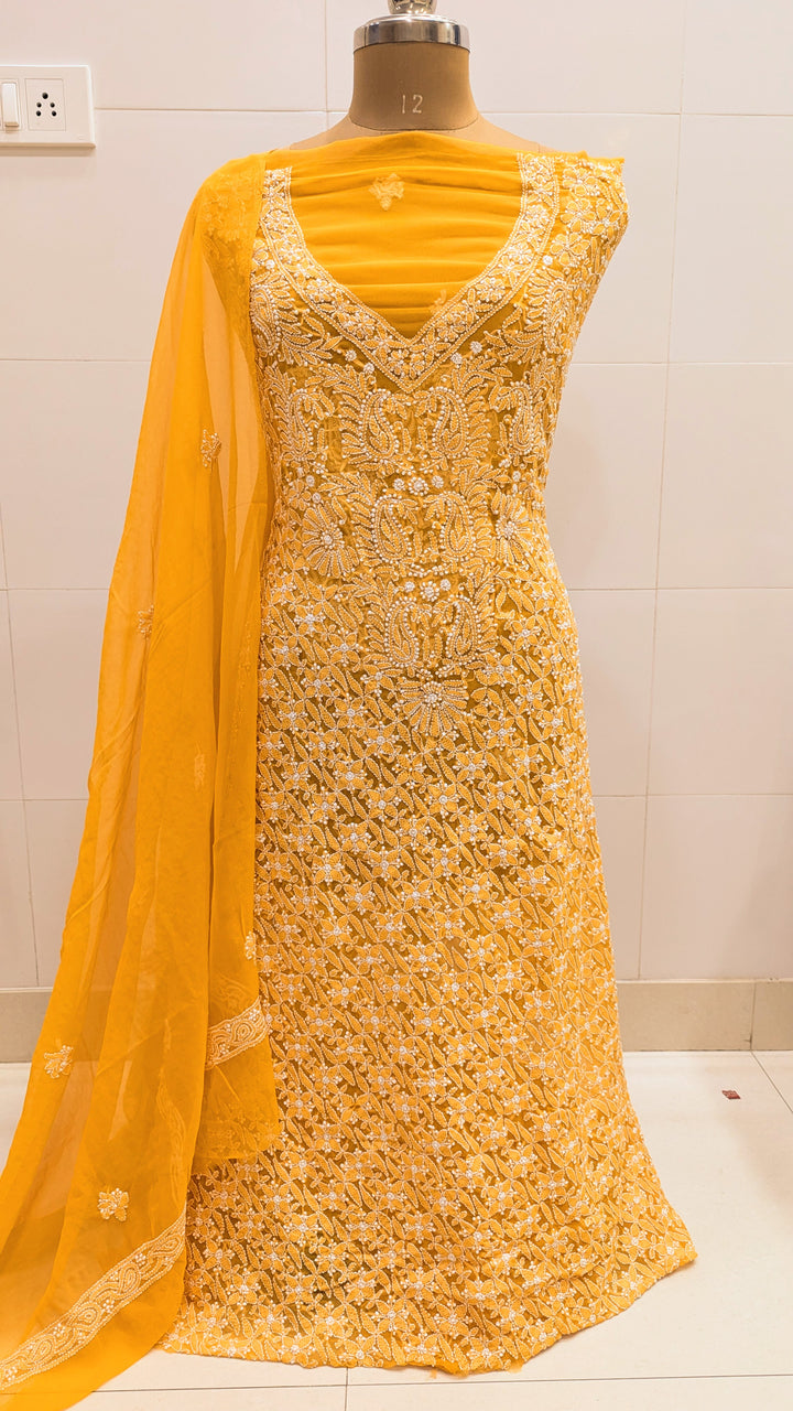 Unstitched Georgette Chikankari Dress Material | Hand Embroidered Kurta, Bottom & Dupatta