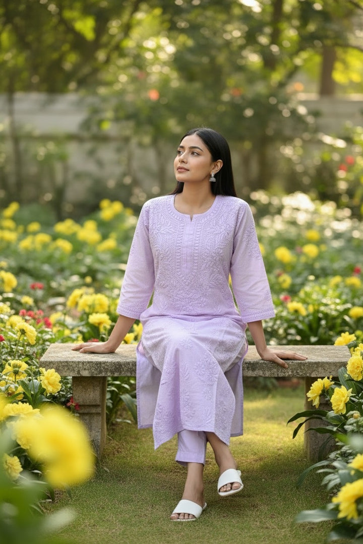 Premium Soft Chanderi Lucknowi Chikankari Long Kurti – 100% Hand Embroidered, Non-Transparent