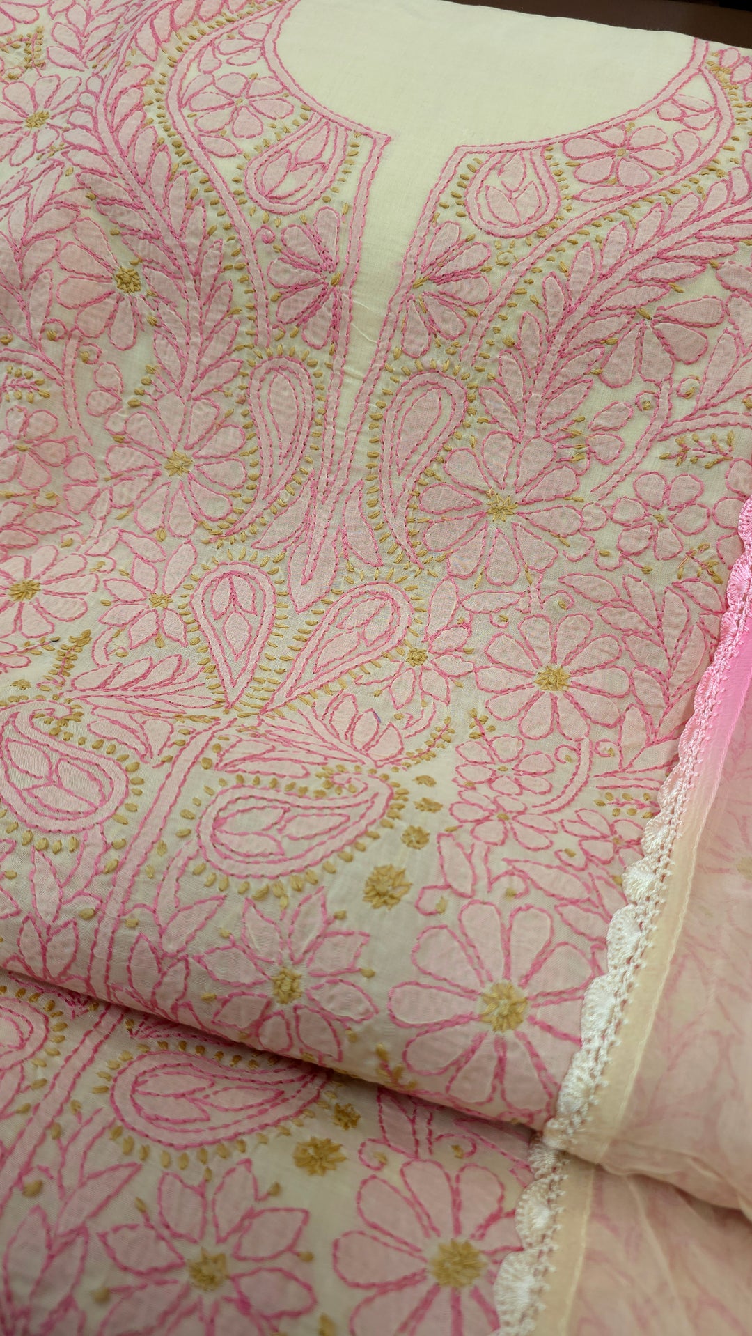 Lucknow Chikankari Hand Embroidered Cotton Dress Material with Tri-Color Motifs & Pure Chiffon Dupatta