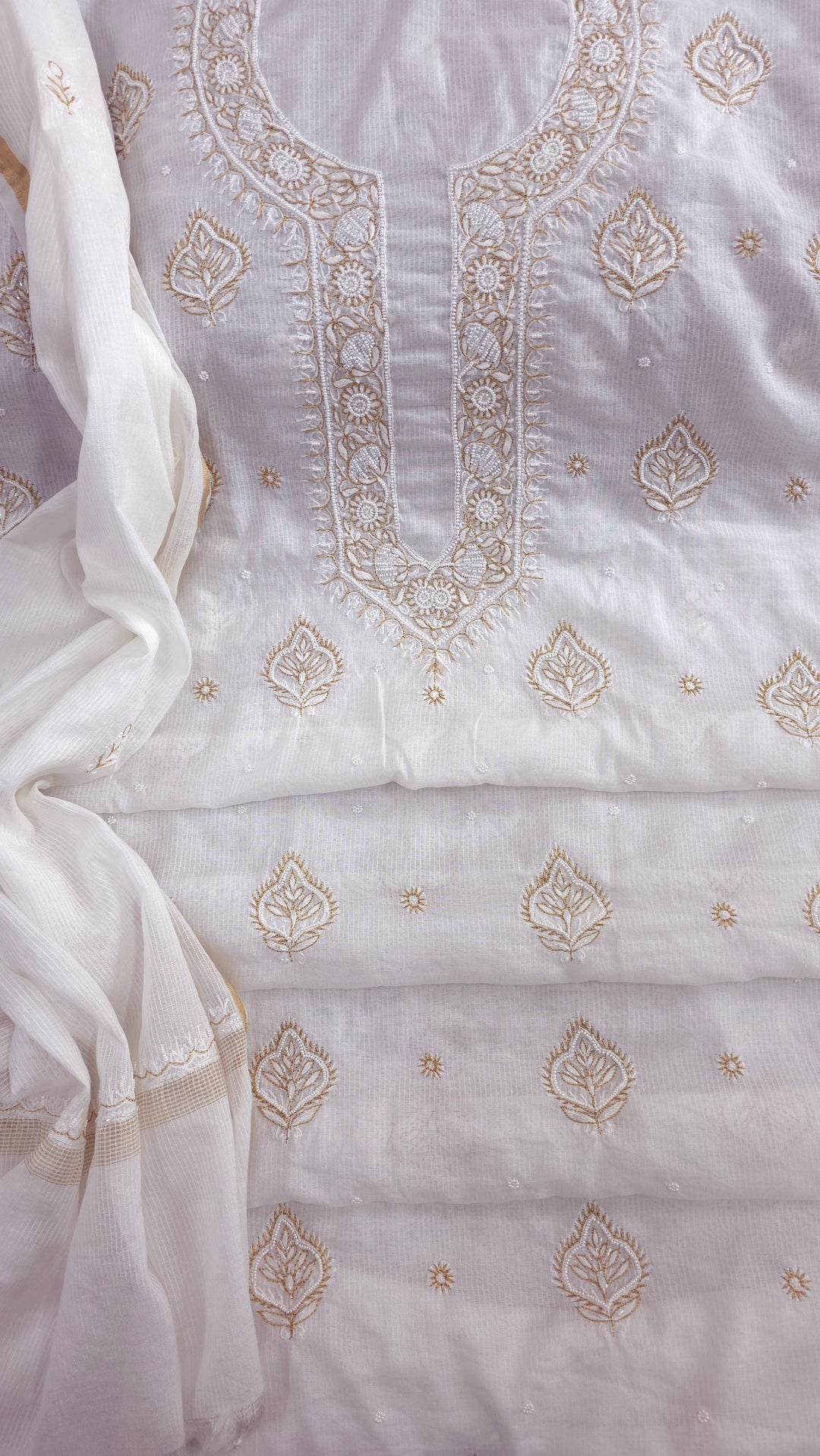 Pure Maheshwari Dyeable Chikankari Kurta Dupatta Set | Hand Embroidered 2 Taar Kurta with Kasab, Pearl & Cutdaana Work